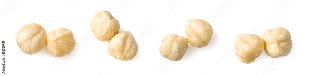 Peeled hazelnuts isolated on the white background, top view Peeled hazelnuts isolated on the white background, top view