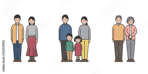 若い夫婦、カップルと子供のいる家族と年配夫婦の三世代家族の全身イラストセット