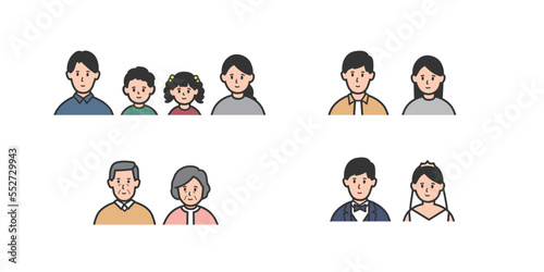 若い夫婦、カップルと子供のいる家族と年配夫婦の三世代家族の上半身イラストセット
