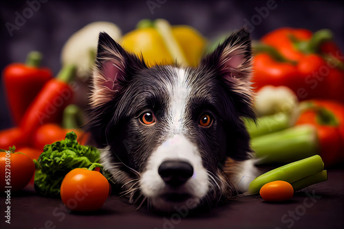 Healthy dog food concept: Illustration of a dog sitting beneath vegetables. Content is created with generative ai