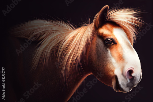 Illustration portrait of a funny looking chestnut brown pony horse in front of dark background. Content is created with generative ai