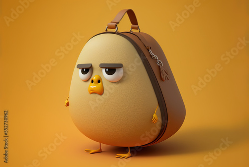 Character mascot of a brown chicken egg carrying an orange travel bag on a yellow backdrop. Generative AI