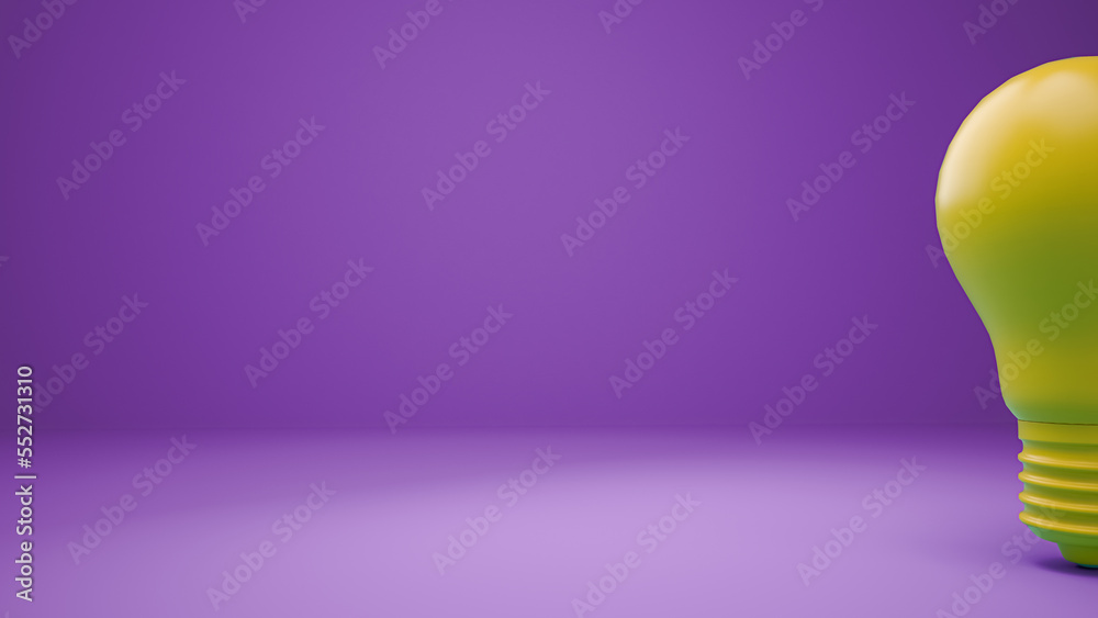 3D Illustration Yellow Lightbulb on a purple background. Horizontal composition with negative space on the left. Concept of Creativity and innovation.