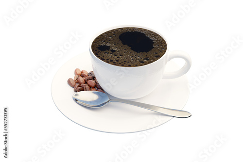 Coffee beans and silver spoon in white coffee cup created from a 3D program
