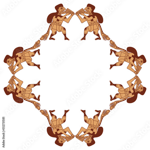 Geometrical rhombus shape frame with fantastic snake men playing flute. Ancient Peruvian design of Mochica Indians. 