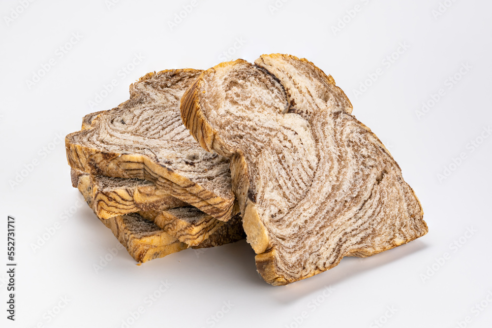 Sliced chocolate danish bread on white background. Sliced chocolate danish bread on white background.