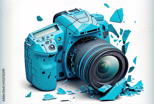 Blue shattered digital camera in closeup, isolated on a white backdrop. Generative AI