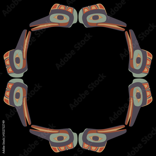 Rectangular frame design with totem raven heads. Ethnic bird mask. Native American animal design of Tlingit Indians. On black background.