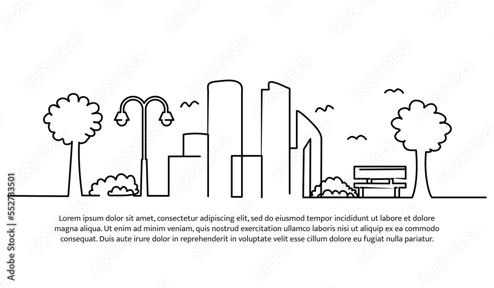 Continuous line design of city view and trees. A friendly urban garden design concept. Decorative elements drawn on a white background.