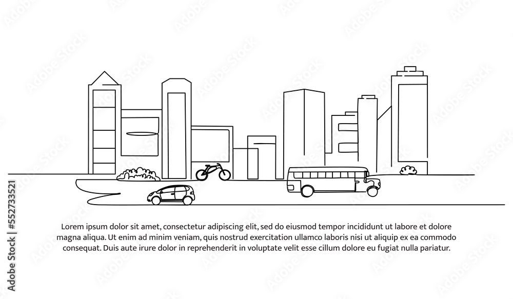 Continuous line design of heavy city traffic view. The concept of a city center design that is full of vehicles and traffic jams. Decorative elements drawn on a white background.