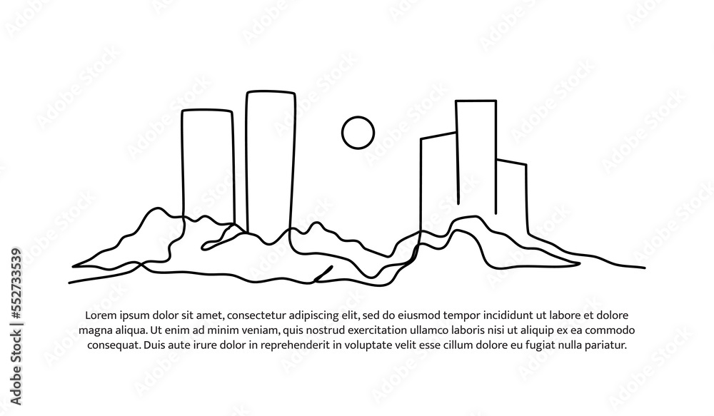 Cityscape continuous line design. View of the apartment in summer. City building design concept. Decorative elements drawn on a white background.