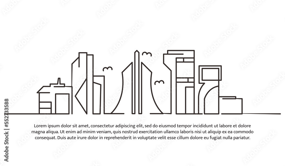 Continuous line design of future building architecture. Technology development design. Future city concept. Decorative elements drawn on a white background.