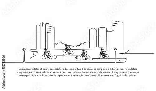 Continuous line design of cyclists cycling together in front of buildings. Sport design concept in city. Decorative elements drawn on a white background.