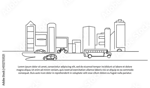 Continuous line design of heavy city traffic view. The concept of a city center design that is full of vehicles and traffic jams. Decorative elements drawn on a white background.