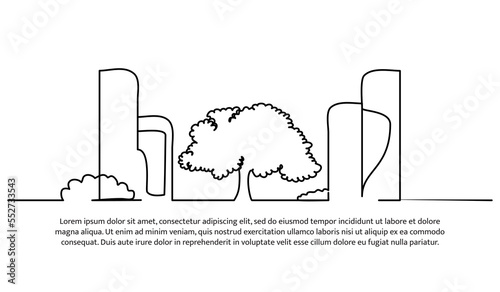 Continuous line design of city view and trees. A friendly urban garden design concept. Decorative elements drawn on a white background.
