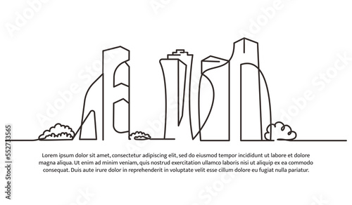 Continuous line design of cityscape. Friendly future city design concept. Panorama of skyscrapers. Decorative elements drawn on a white background.