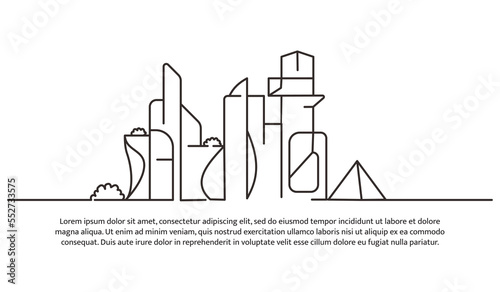Continuous line design of cityscape. Friendly future city design concept. Panorama of skyscrapers. Decorative elements drawn on a white background.