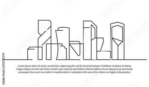 Continuous line design of future building architecture. Technology development design. Future city concept. Decorative elements drawn on a white background.