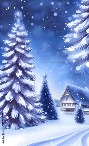 Winter holiday landscape. Winter holiday background with Christmas trees. Winter forest landscape. AI-generated image, digital illustration © Helen Filatova