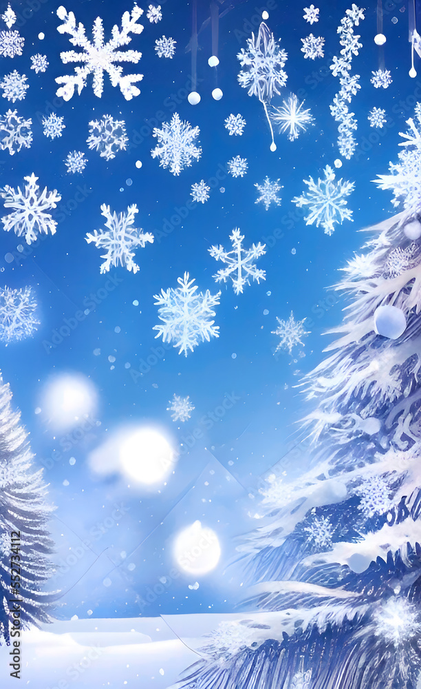 White Christmas. Winter holiday background with snowflakes and Christmas trees. Magical winter forest landscape. AI-generated image, digital illustration