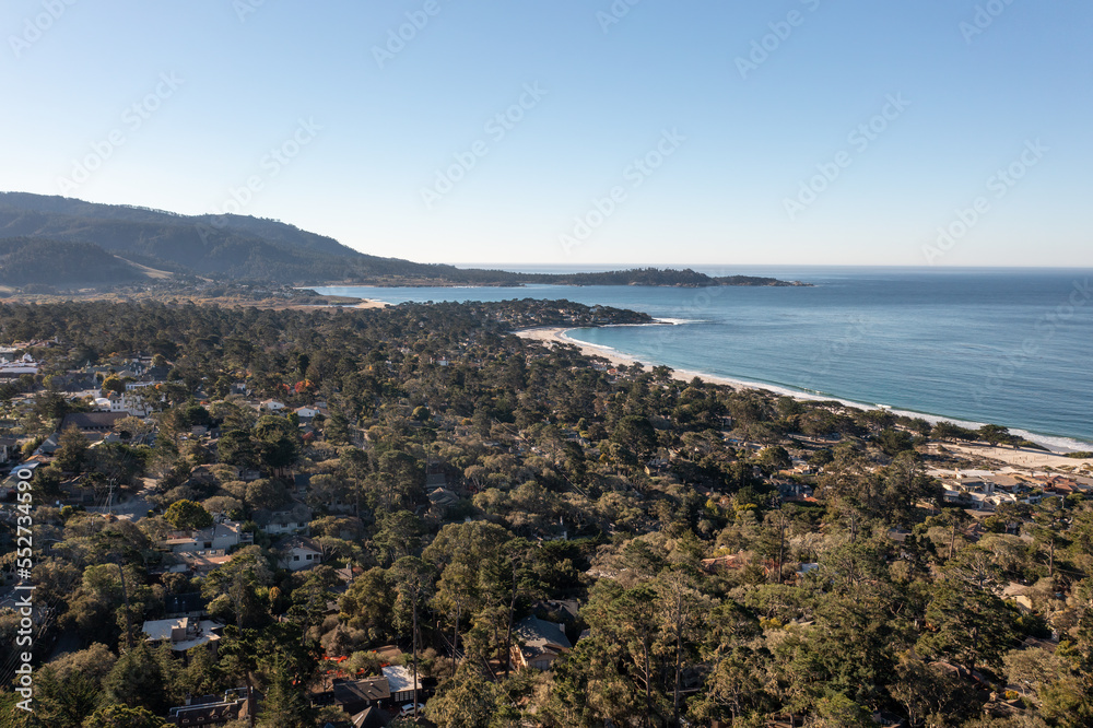 Aerial drone view of beautiful beach in Carmel, California. 