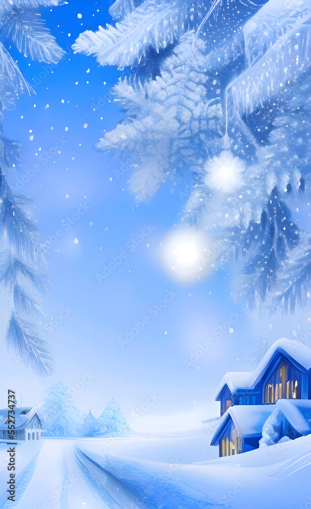 Winter fairy tale. Winter holiday background with snowflakes, and Christmas decorations. Winter landscape with a house. AI-generated image, digital illustration