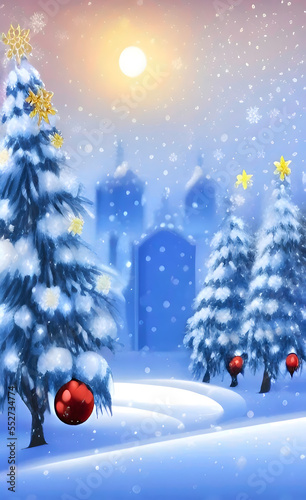 Winter fairy tale. Winter holiday background with  Christmas trees and Christmas decorations. Winter landscape. AI-generated image, digital illustration photo