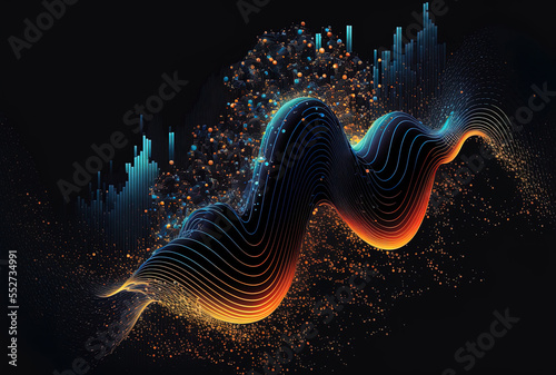 Big data visualization of technology and artificial intelligence on a futuristic dark backdrop with the wave effect of digital particles, and the impact of particle oscillation. Generative AI