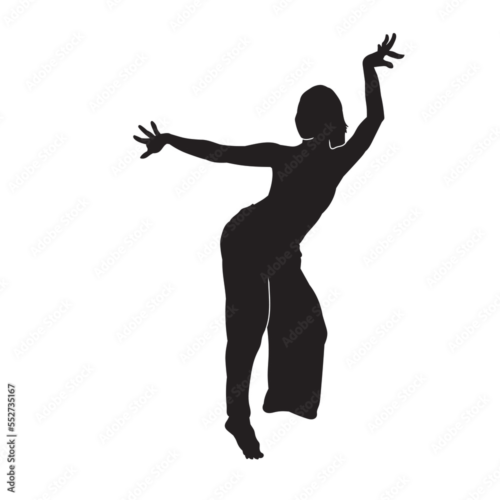 Silhouette of a woman dancing happily. vector illustration on white background.