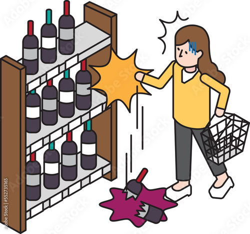 買い物中に店の商品を破損させてしまった女性のアイソメイラスト