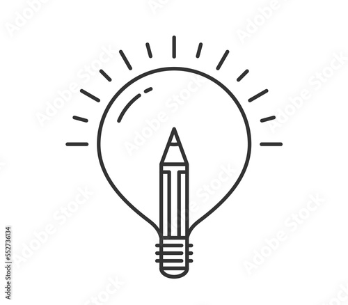 Bulb with pencil inside, creative idea or education concept, line icon