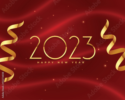 happy new year red background with 2023 text effect and ribbon design vector illustration
