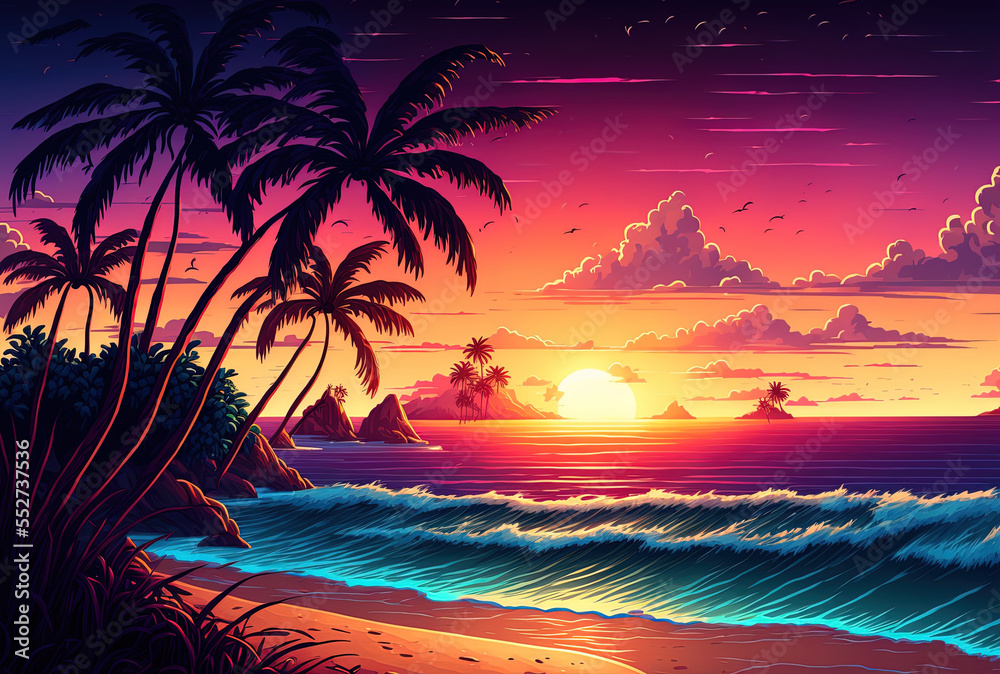 An stunning sunset view over a tranquil ocean is ideal for a wallpaper. Generative AI