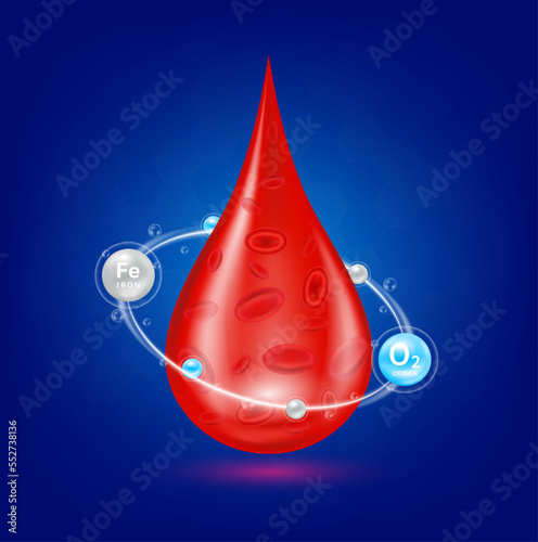 Drop red blood cells. Blood Oxygen saturation and iron treat anemia. Medical and scientific concepts. Icon realistic 3d isolated on blue background vector illustration.