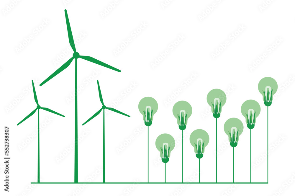 Wind power generation using wind energy. Renewable Energy Production. Natural resource. Green economy.
