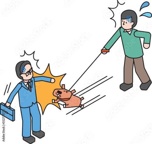 通行人に飛びつく愛犬と慌てる飼い主のアイソメイラスト