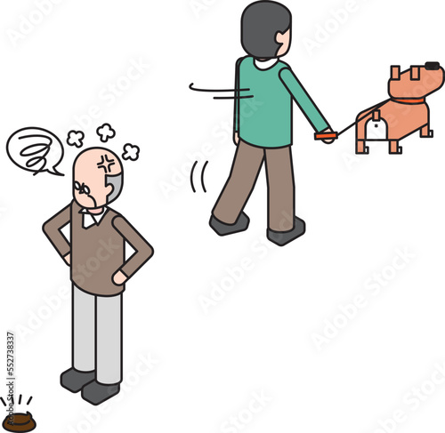 愛犬のうんちを放置していく飼い主と困る近隣住民のアイソメイラスト