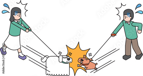 散歩中に別の飼い犬と喧嘩をする愛犬と慌てる飼い主のアイソメイラスト