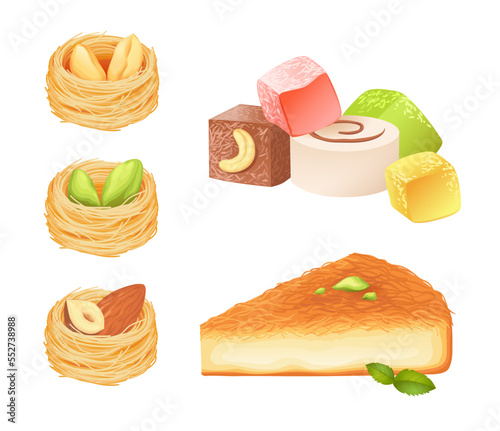 Oriental desserts isolated on white. Sweet nests with nuts, turkish delight and kanafeh