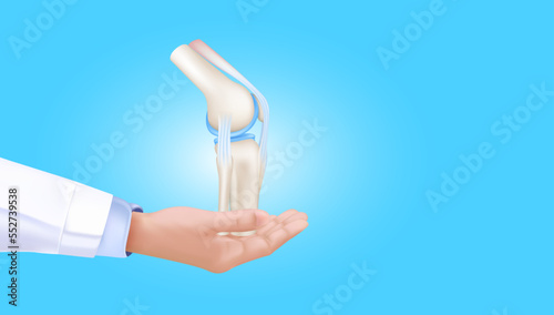 Doctor hand holding knee joint with healthy cartilage front on blue background with copy space for text. Bone human skeleton anatomy of the body. Medical health care science concept. Realistic Vector