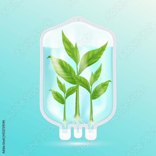 Seedling with leaf green in saline bag solution drip nature. Vitamin iv fluid intravenous care chemotherapy. Medical health care concept. Realistic 3D vector.