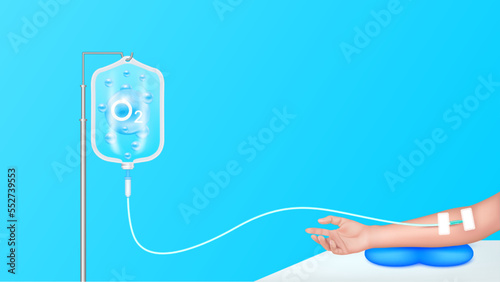 Oxygen O2 molecule models blue natural gas in saline bag solution drip and arm patient for treatment. Oxygen fluid intravenous care chemotherapy. Medical health care concept. Realistic 3D vector.