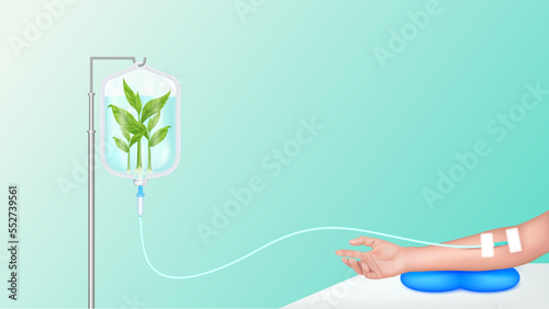 Seedling with leaf green in saline bag solution drip nature and arm patient for treatment. Vitamin iv fluid intravenous care chemotherapy. Medical health care concept. Realistic 3D vector. photo