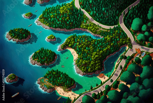 Aerial view of the roads and forests in Turkey's Marmaris Boncuk Bay. Generative AI photo