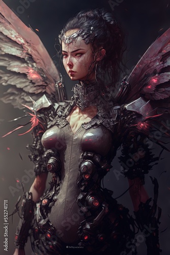 Illsustration of battle mecha girl with wing, war machine, armor photo