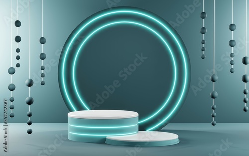 3D render of Podium background in blue tones for displaying cream products. cosmetics