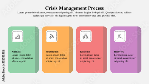 Infographic template of crisis management process with icons and text space.