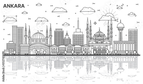 Outline Ankara Turkey City Skyline with Historic Buildings and Reflections Isolated on White.