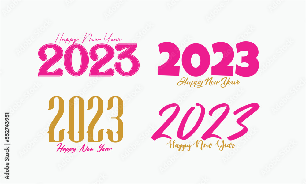 Big set 2023 Happy New Year color logo text design. 20 23 number design template. Collection of symbols of 2023 Happy New Year. Vector illustration with creative labels isolated on white background
