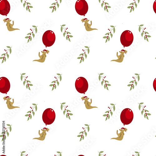 Kangaroo in Santa red hat with balloon vector Christmas illustration.